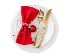 Christmas table setting, celebration dinner. Golden Cutlery and red cloth napkin isolated on transparent background, PNG,