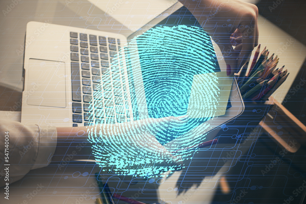 Poster double exposure of woman hands typing on computer and fingerprint drawing. security concept.