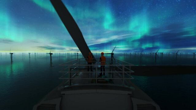 Maintenance workers on top of an offshore wind turbine against starry sky and aurora borealis, 4K