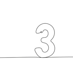 Number 3 drawn by hand with continuous line. Vector icon three in sketch style.