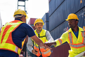 3 engineer working in container storage yard hand gathering boosting morales prepare to delivery