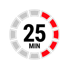 25 minute vector icon, stopwatch symbol, countdown. Isolated illustration with timer.