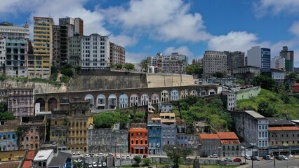 Fototapeta premium Aerial view of the old town of Salvador with historic buildings and wonderful colonial and barroc architecture. Salvador, Bahia, Brazil 