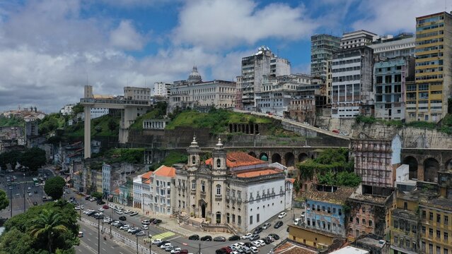 Aerial view of the old town of Salvador with historic buildings and wonderful colonial and barroc architecture. Salvador, Bahia, Brazil 