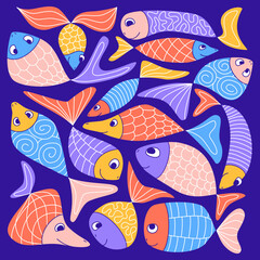 Naklejka premium Cute colorful aquarium fish doodle. Funny kids naive abstract style. Patterned sardines, herring, guppies, goldfish. Square composition. Marine life souvenirs, print, wall decor. Vector illustration.