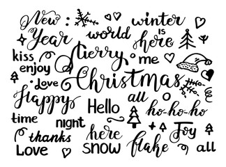 Fototapeta na wymiar Merry Christmas. Set of handwritten lettering quote with Happy New Year phrase. Vector hand drawn calligraphy type