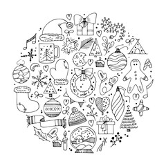 Vector hand drawn background. Christmas pictures in doodle style, New Year's illustrations for greeting card design, for design of a poster, banner, print.