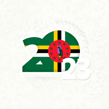 New Year 2023 for Dominica on snowflake background.