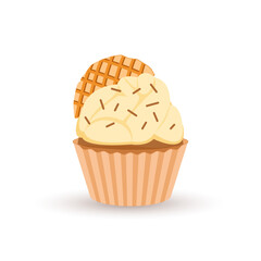 Cute cupcake with waffles isolated on white