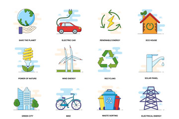 Environmental sustainability web concept stroke flat line icons isolated set. Eco bundle. Graphic linear symbols collection for website design. Conceptual pack outline pictograms for mobile app