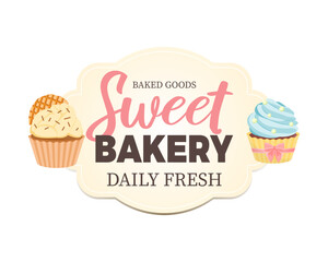 Sweet bakery label with cupcakes. Cute vintage style.