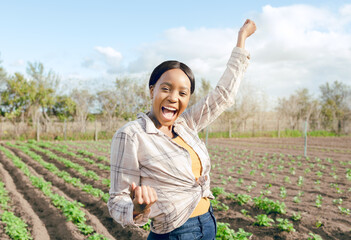 Winner, success and portrait of black woman farmer celebrating achievement on agriculture field....