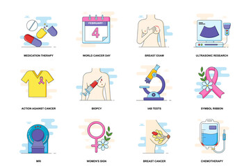 Fight cancer web concept stroke flat line icons isolated set. Prevention, therapy bundle. Graphic linear symbols collection for website design. Conceptual pack outline pictograms for mobile app