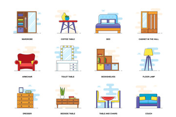Furniture web concept stroke flat line icons isolated set. House room items bundle. Graphic linear symbols collection for website design. Conceptual pack outline pictograms for mobile app