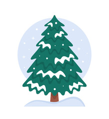 Christmas Concept. Cute Christmas tree with snow and snowflakes. Vector illustration on white background.