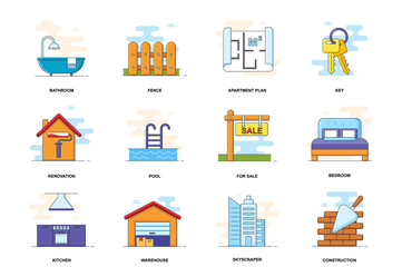 Real estate web concept stroke flat line icons isolated set. House or apartment bundle. Graphic linear symbols collection for website design. Conceptual pack outline pictograms for mobile app