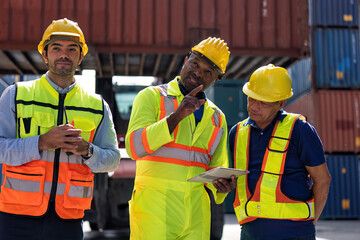 3 engineer working in container storage yard talking about quality prepare to delivery