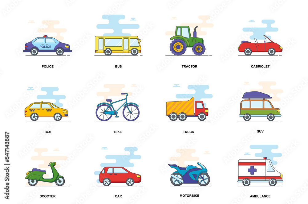 Poster vehicle concept stroke flat line icons isolated set. different transportation bundle. graphic linear