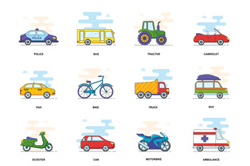 Vehicle concept stroke flat line icons isolated set. Different transportation bundle. Graphic linear symbols collection for website design. Conceptual pack outline pictograms for mobile app