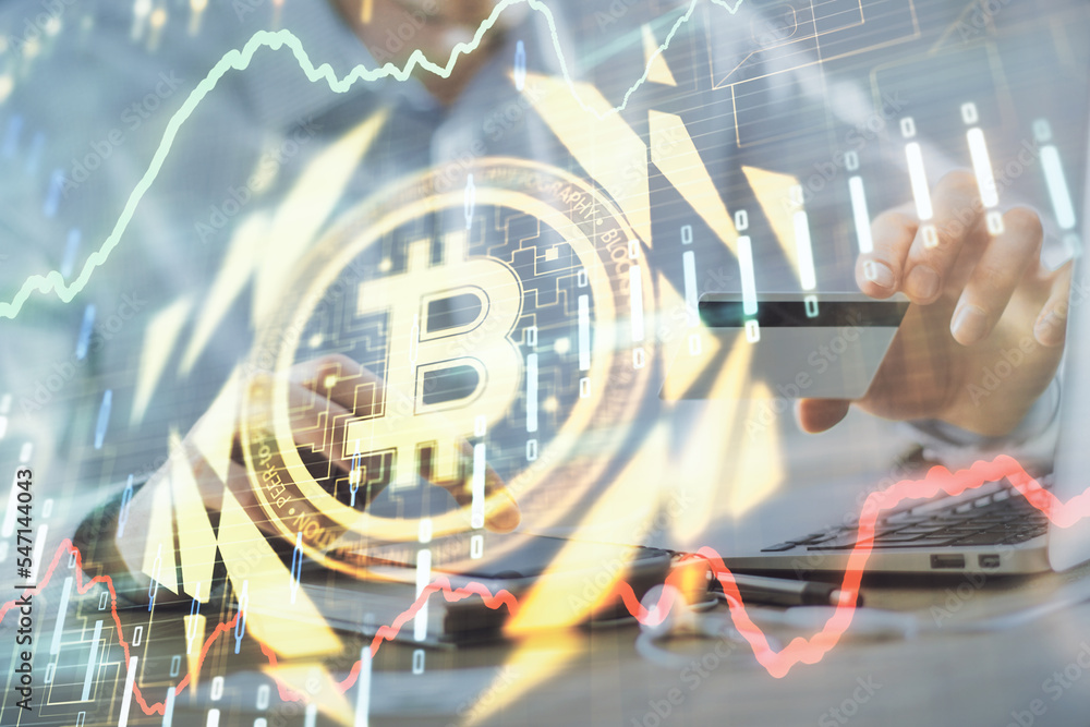 Poster double exposure of man hands holding a credit card and crypto business theme drawing. digital blockc