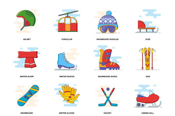 Winter activities concept stroke flat line icons isolated set. Sports equipment bundle. Graphic linear symbols collection for website design. Conceptual pack outline pictograms for mobile app