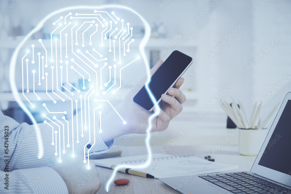 Aufkleber Double exposure of man's hand holding and using a digital device and brain hologram drawing. Data concept.