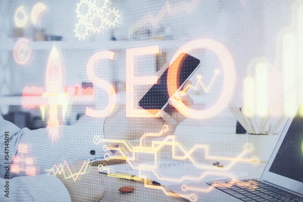 Poster multi exposure of man's hands holding and using a digital device and seo drawing. search optimizatio