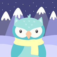 cartoon winter card of cute owl on snow background