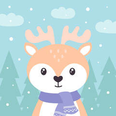 cartoon winter card of deer on snow background