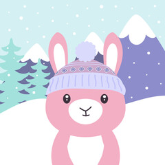 cartoon winter card of cute rabbit on snow background