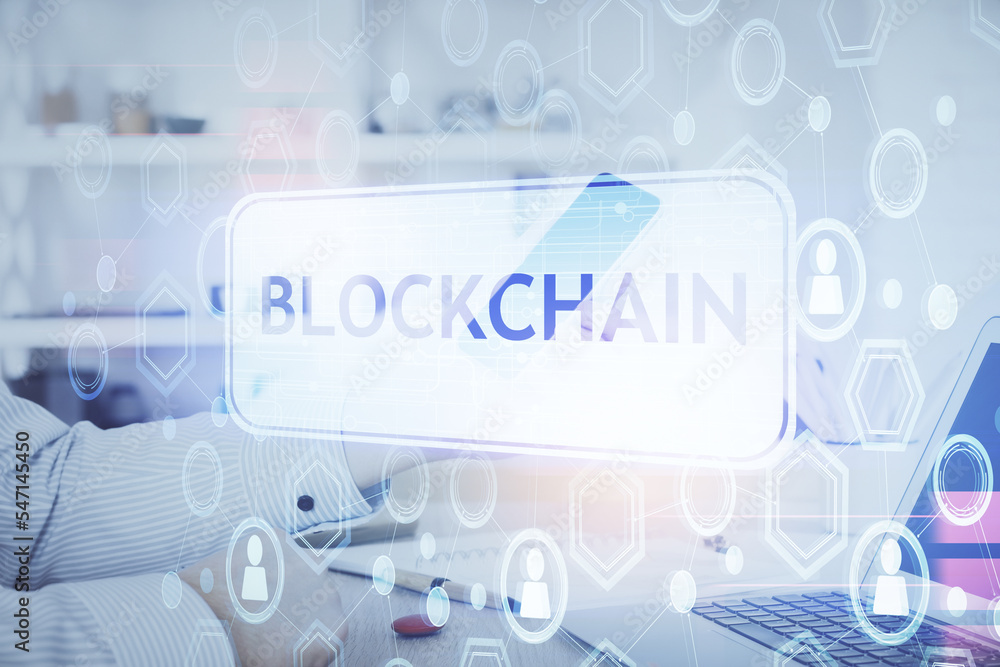 Poster Double exposure of man's hands holding and using a phone and crypto currency blockchain theme drawing.