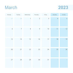2023 March wall planner in blue pastel color, week starts on Monday.