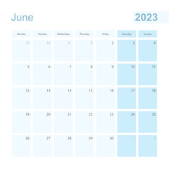 2023 June wall planner in blue pastel color, week starts on Monday.