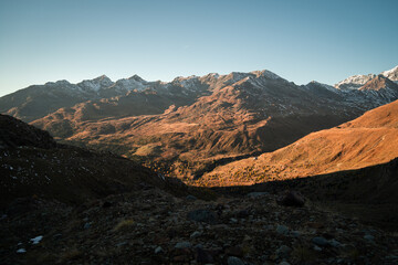 Naklejka premium Panoramic view from a vantage point over the Forni Valley, during sunset in autumn, Northern Italy