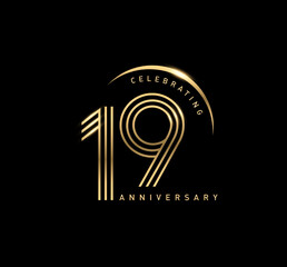 19 years anniversary celebration logotype. elegant modern number gold color - obrazy, fototapety, plakaty