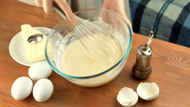 Whisk Mixing Dough For Baking. Cook Mixes Flour With Eggs For Pancake. Preparing Breakfast In Home Kitchen. Kneading Dough With Whisk For Baking Cake. 
Chef Cook Dessert Mixing Dough. Pancake Culinary