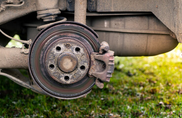 Old, dirty and rusty cars braking parts. Rusted disc brake and caliper on the car close up