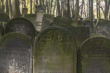 Old, Jewish cementary, with tumbestones in Warsaw, Poland established in 19th century, 
