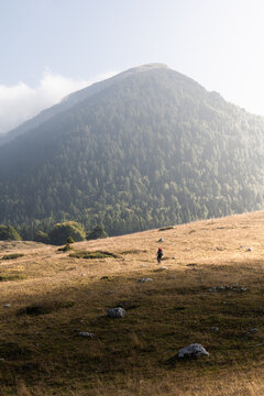 Human figure walking towards Cima Verde, in the highlands and hills of Monte Bondone, Northern Italy