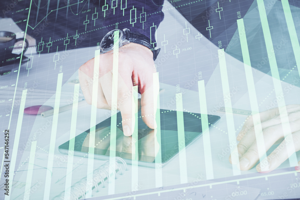 Poster Double exposure of man's hands holding and using a digital device and forex graph drawing. Financial market concept.