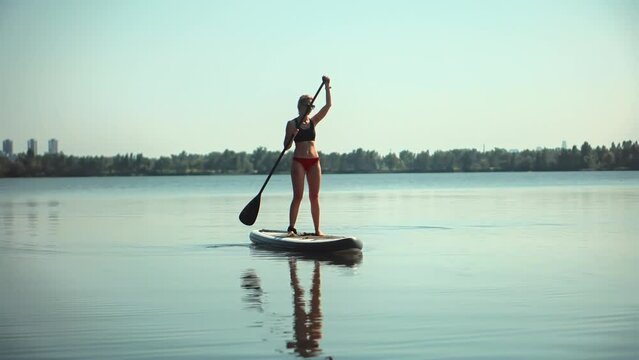 Sup Surfing Activity. Inflatable Board Paddle Rowing Surf