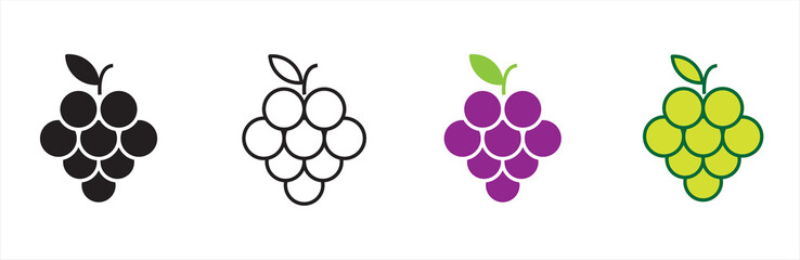 Grape icon set. Grape Icon Food Fruits. Different wine grapes. Bunch of grapes in simple flat style. Grape symbol and sign. Vector illustration.