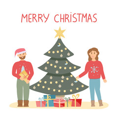 couple decorating a Christmas tree. vector illustration. greeting card