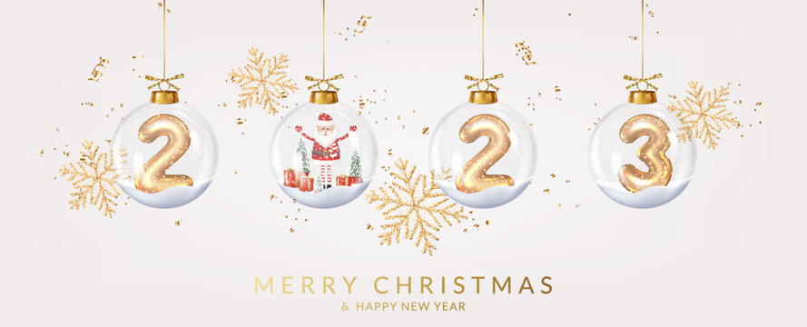 Christmas and New Year 2023 greeting card with transparent realistic balls, numbers, Santa Claus, fir trees, gifts, ribbons and confetti.