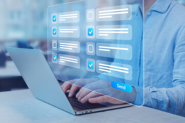 Questionnaire, quiz, assessment, or survey form with checkboxes on computer screen. Person...