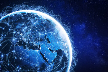 Internet technology with global communication network connected around the world for IoT, telecommunication, data transfer, international connection links, finance, business, blockchain, security.