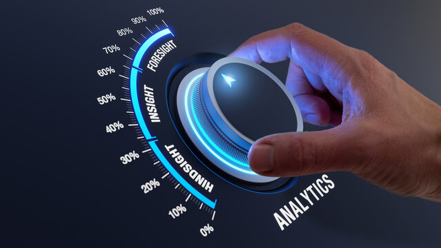 Predictive analytics implementation with hand turning knob from insight to foresight. Systemic data analysis and statistics for decision making, business operations, marketing strategy, performance.