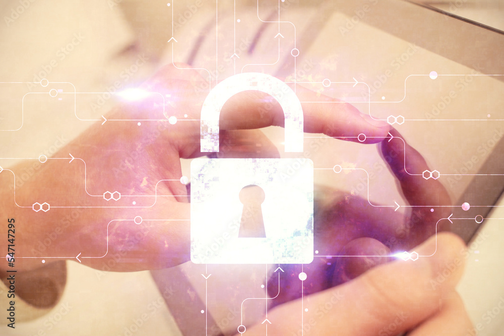 Aufkleber multi exposure of man's hands holding and using a digital device and lock drawing. security concept.