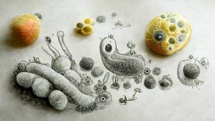 Microbes, parasites, microbial infection, closeup view, generative ai illustration