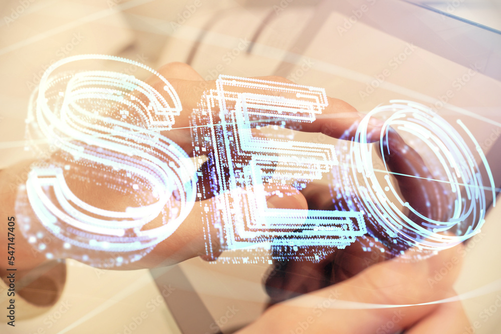 Poster multi exposure of man's hands holding and using a digital device and seo drawing. search optimizatio
